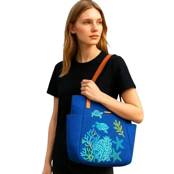 Vera Bradley Large Bag North South Straw Tote Blue Lyst Beach Bag Embroidered - Picture 2 of 15
